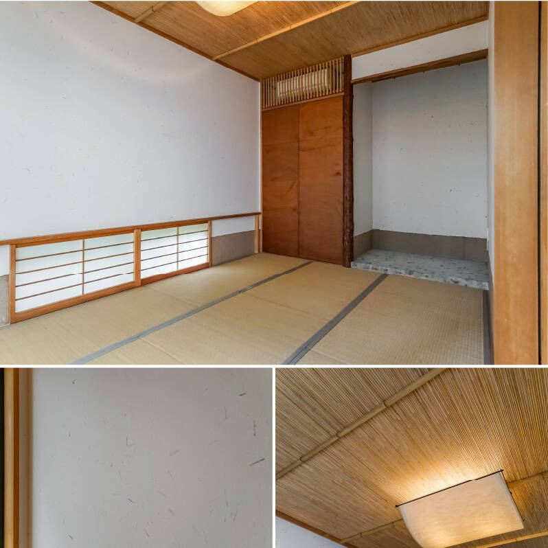 廊下の突き当たりには約7.4帖の和室。壁に和紙を貼ったり、天井には茅（かや）を使用したり、素材にこだわりを感じられます。