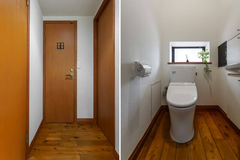 <b>左・</b>洋室Bの入り口付近にはトイレとWICにアクセスできる扉が。WIC内は撮影できませんでしたが、洋室AのWICと同様の広さが確保されています。／<b>右・</b>トイレは小窓、手洗い器付きです。