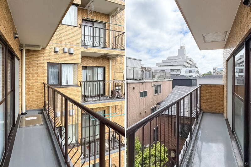 こちらのバルコニーには物干し金具が付いていません。左手にはマンションの別住戸が見えるため、視線が気になる場面もありそうです。