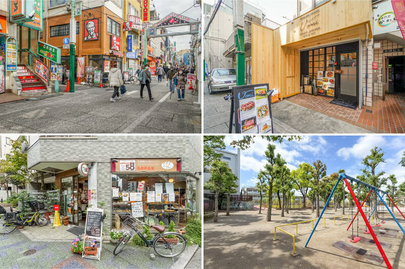 <b>左上・</b>個人商店やチェーン店が建ち並ぶ「遊座大山商店街」。ローカルな雰囲気にグッと惹かれます。（徒歩5分）／<b>右上・</b>イタリアン＆創作和風肉バル「Uomi（うおみ）」。上質なお肉をランチでも気軽にいただけます。（徒歩7分）／<b>左下・</b>国産小麦と自家製酵母を使っているベーカリー「GOPAN58（ごぱん）」。（徒歩7分）／<b>右下・</b>マンションの近くには「板橋大山公園」があります。（徒歩1分）