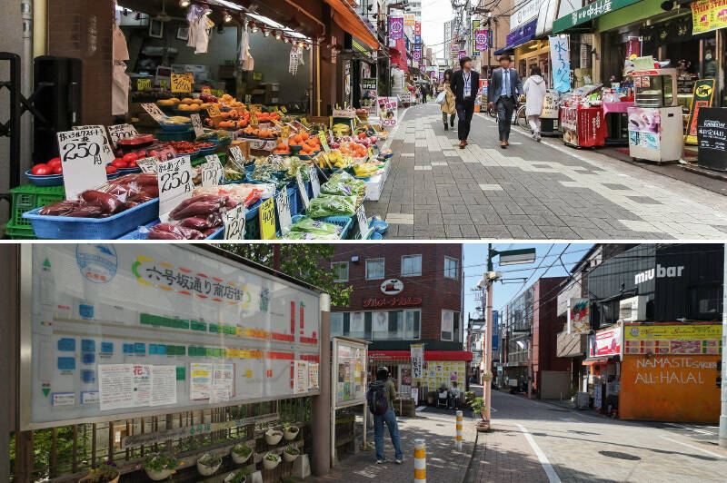 京王新線「幡ヶ谷」駅から北側に広がる、「六号通り商店街」（上）と、「六号坂通り商店街」（下）。八百屋や老舗の時計店、個人経営のレストランや居酒屋など、約100店舗が並んでいます。