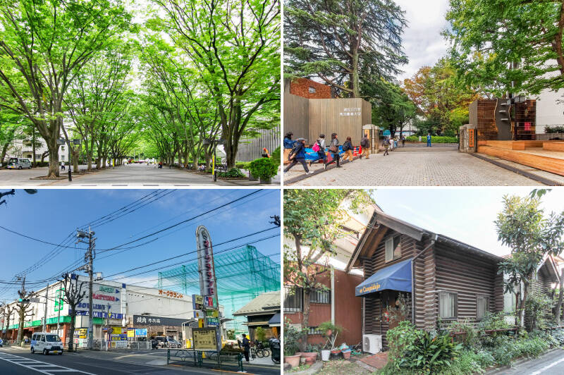 <b>左上・</b>桜、新緑、紅葉と、四季を楽しめるお散歩スポット「馬事公苑」がご近所に。「JRAホースショー（馬事公苑馬術大会）」などの他の公園とはひと味違ったイベントも見どころです。（徒歩7分）／<b>右上・</b>物件そばにある「東京農業大学」。世田谷通り沿いでは学生さんの姿もよく見かけます。（徒歩6分）／<b>左下・</b>「オークラランド」は、かつて映画の撮影所だった複合レジャー施設。ゴルフ練習場などのほか、おしゃべりにぴったりなカフェやスーパーも入っていて便利◎（徒歩3分）／<b>右下・</b>ちょっと足を延ばせば、日本イタリア料理協会初代会長というレジェンドがオーナーのお店、「ホスタリア エル・カンピドイオ」も。世田谷らしい品のよさが漂う人気店です。（徒歩12分）