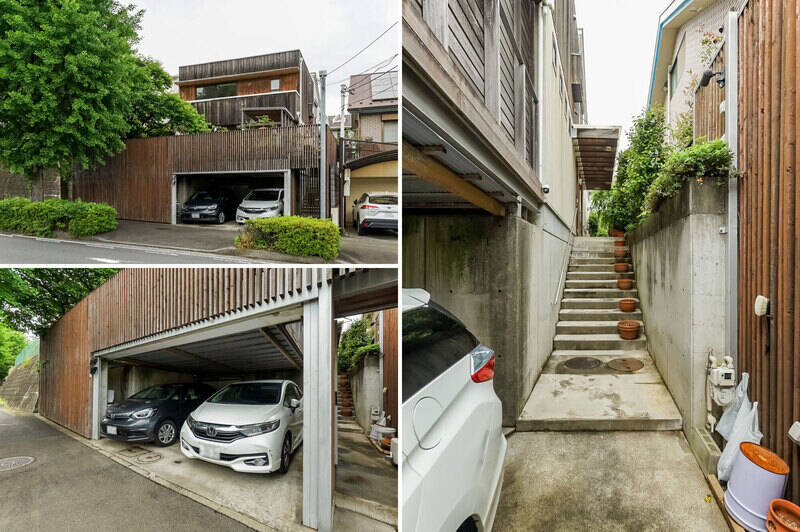 木製のルーバーが目を惹く戸建てが今回ご紹介する物件。入り口付近には駐車スペースを完備。階段を上った先に玄関があります。