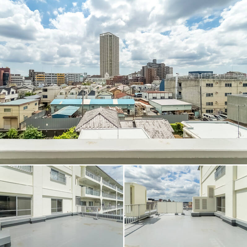 <b>上・</b>南東側は高い建物が少なく、視界が遠くまで抜けています。／<b>左下・</b>北東側には別住戸のバルコニーが並んでいるので、ふとしたタイミングで挨拶を交わすこともありそう。／<b>右下・</b>パーテーションの先には……？