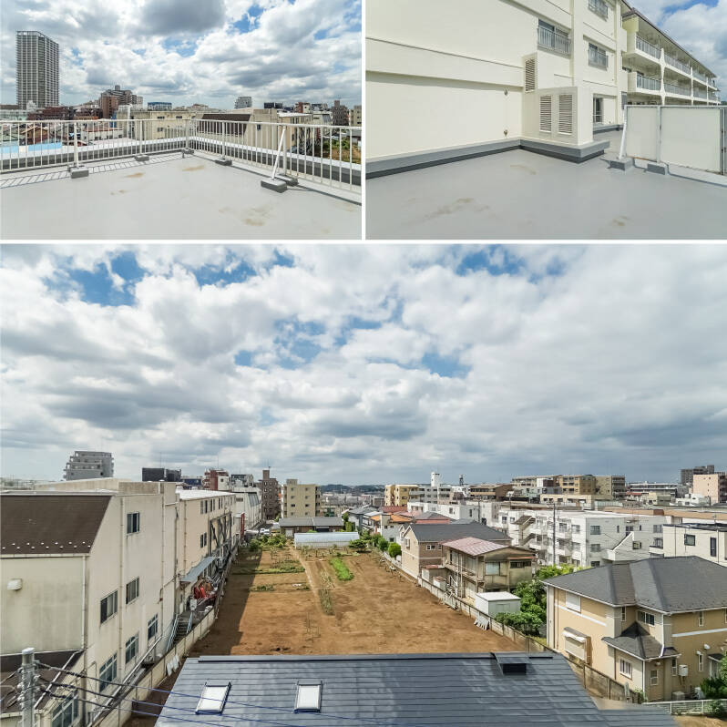 <b>上・</b>まだまだ続くルーフバルコニー！ こちら側はプライベート感があり、のんびり過ごせそう。／<b>下・</b>南西側も高い建物が少なく、空の広さをしっかり感じられます。