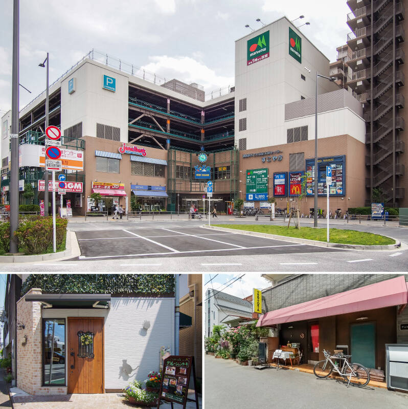 <b>上・</b>スーパーや100円ショップ、クリニックなど、多彩なテナントが揃う「KOKO Square（ココスクエア）」。駅前で用事をまとめて済ませられるのはありがたいですね。（徒歩10分）／<b>左下・</b>徒歩3分の場所にある、「ケーキ工房 いづみの森」。季節ごとに並ぶスイーツを目当てに通いたくなりそうです♡ ／<b>右下・</b>街角に佇む「TRATTORIA GiglioRosso（トラットリア ジリオロッソ）」は、自家製にこだわるイタリアンレストラン。ランチも営業していますよ◎ （徒歩5分）