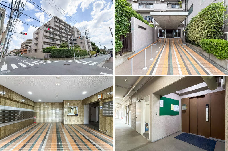 <b>左上・</b>1979年築、全69戸。角地に建っていてなんとも風通しがよさそうです。／<b>右上・</b>エントランス。アースカラーかつストライプのタイルが中へと誘い……／<b>左下・</b>そのまま共用ロビーまで続いています。管理人さんは週6日勤務で安心！／<b>右下・</b>エレベーターに乗って住戸のある2階まで。