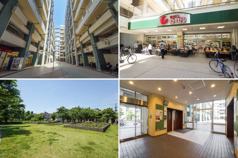 <b>左上・</b>1階にはさまざまな店舗が入居しており、棟と棟の間はちょっとした商店街のような雰囲気。／<b>右上・</b>スーパー「そうてつローゼン」には特にお世話になりそうですね。夜は22時まで営業しています◎／<b>左下・</b>広場や小さな公園、運動グラウンドも点在していて、どこを撮影したらいいか迷ってしまうほどでした。大団地恐るべし。／<b>右下・</b>15号棟の開放的なエントランス。エレベーターが防犯モニター完備なのはうれしいポイントです。