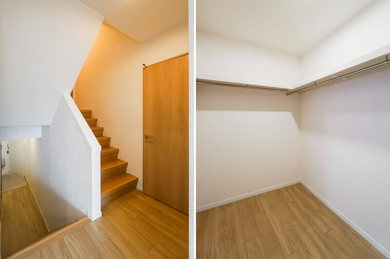 <b>左・</b>実はこちらの物件、もうひとつ階段があります。上階は洋室Bのひと部屋のみ。そして、写真右手のドアを開けると……／<b>右・</b>ビッグサイズのウォークインクローゼット（WIC）でした！ 衣類だけでなくレジャーグッズやストック品もまとめて格納できそうな、頼もしい大きさです。ここで仕事もできちゃいそう……