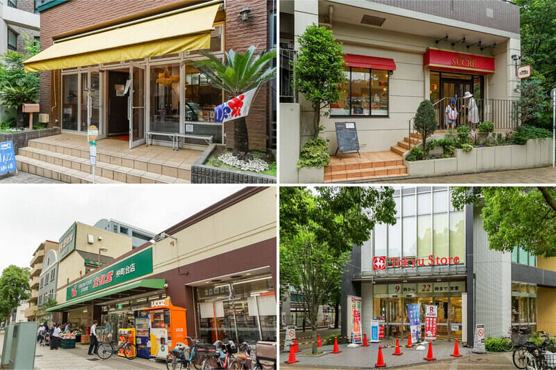 <b>左上・</b>50年以上ジャズを聴き続けている店主のセレクトした音楽が流れる店内で、ハンドドリップコーヒーを楽しめる喫茶店「Tommy's by the Park（トミーズバイザパーク）」。（徒歩9分）／<b>右上・</b>せせらぎ公園の遊歩道沿いにある、赤い看板が目印のおしゃれなケーキ屋さん「Patisserie SUCRE（パティスリーシュクレ）」。発酵バターを使った焼き菓子やサクサク生地のシュークリームが人気です。（徒歩10分）／<b>左下・</b>駅周辺にはスーパーが数店舗あります。徒歩12分のところには、地域密着型のフレッシュフードストア「文化堂 仲町台店」が。／<b>右下・</b>「仲町台」駅のすぐそばにある「東急ストア 仲町台店」。施設にはレストランや100円ショップなども併設されています。（徒歩13分）