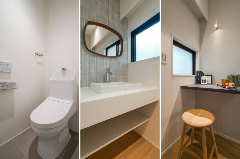 手前の扉の先はトイレスペース。その奥には、洗面台とコンパクトなデスクスペースが！ 洗面台がふたつあることによって、家族で朝の身支度の時間が重なっても、混雑しにくいのがGOODですね。