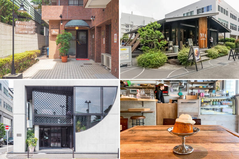 <b>左上・</b>「Petit feu a la Campagne(プティフ ア ラ カンパーニュ)」は、神保町の名店「ボンディ」出身の店主が営む欧風カレー店。お肉がゴロゴロ入ったビーフカレーは絶品です。(徒歩2分)/<b>右上・</b>“カフェでもレストランでもベーカリーでもない、朝から晩まで自由なスタイルで楽しめる” をコンセプトにする「No.4(ナンバーフォー)」。朝8時から21時まで営業しているため、仕事終わりの時間を過ごすサードプレイスとしても。(徒歩9分)/<b>左下・</b>老舗の洋菓子店「村上開新堂 山本道子の店」。「村上開新堂」はいわゆる “一見さんお断り” ですが、「山本道子の店」は伝統を受け継ぎつつ気軽に立ち寄れるスタイルのお店です。(徒歩5分)/<b>右下・</b>“呑める喫茶店” として知られる「i i ji kan(イイジカン)」。銀皿でいただくクラシックプリンが絶品です。(徒歩5分)