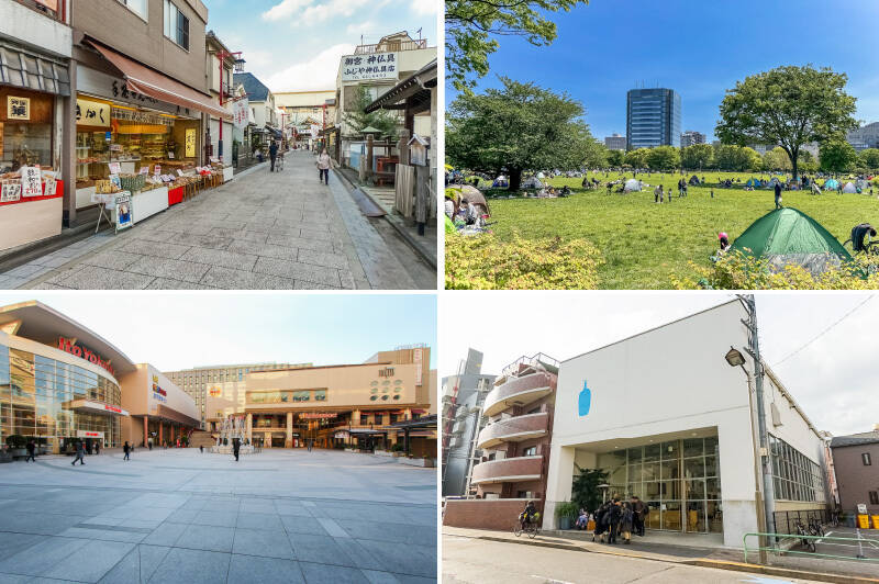 <b>左上・</b>「人情深川ご利益通り」は、「深川不動堂」の参道として知られる賑やかな通り。おみやげ屋さんだけでなく、センスのいいカフェも並びます。（徒歩6分）／<b>右上・</b>マンションから徒歩7分の場所にある「木場公園」。広大な敷地内には、美しい緑やアクティビティを楽しめるスポットが充実。のびのびした芝生広場でのピクニックも最高です！／<b>左下・</b>スーパー、レストラン、フィットネスクラブ、映画館や病院まで揃う、大型複合施設「深川ギャザリア」。とりあえずここに来れば安心！と思える心強い存在です。（徒歩8分）／<b>右下・</b>清澄白河といったら “サードウェーブコーヒー” 。「ブルーボトルコーヒー 清澄白河フラッグシップカフェ」が2015年に日本一号店としてオープンし、その後を追うように次々とカフェが誕生していきました。コーヒーだけではなく、かわいい雑貨店や専門ショップなど、個性ある路面店も点在する楽しいエリアです。（徒歩10分）