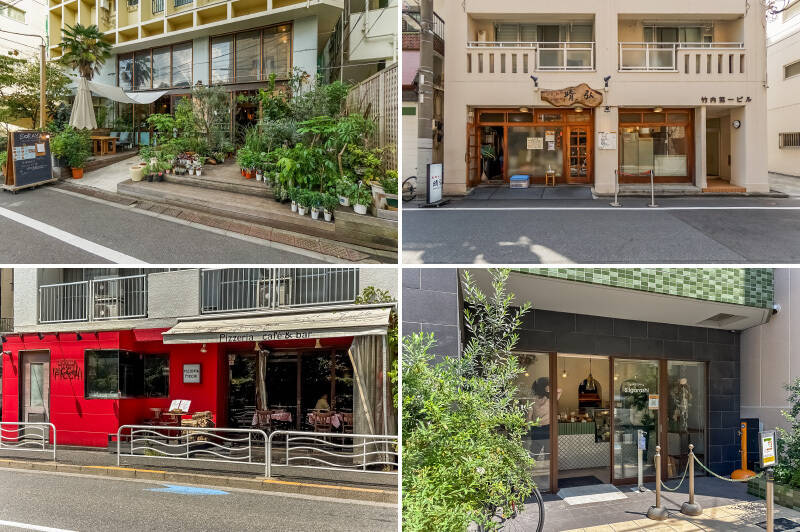 <b>左上・</b>「YANE（ヤネ）」は、カフェやグリーンショップ、フォトスタジオ、工房、インテリアデザイン事務所など様々なジャンルが併設された複合施設。ショーケースに並ぶケーキがいつ見ても美味しそうなんです。（徒歩2分）／<b>右上・</b>地元民に愛され続けるラーメン屋「支那そば晴弘（はるこう）」。友人同士で “ラーメン飲み” を楽しむ姿や、家族みんなでラーメンを囲む光景もよく見かける、ふらっと立ち寄りたくなる街の人気店です！（徒歩3分）／<b>左下・</b>「ピッツェリア ピッキ」はピザやパスタが美味しいと評判のイタリアン。ランチタイムも賑わうので予約がおすすめですよ。（徒歩2分）／<b>右下・</b>「Boulangerie S.Igarashi（ブーランジェリー エス イガラシ）」は行列のできるパン屋さん。筆者はここのピスタチオバターサンドを食べて、思わずほっぺが落ちました！ 人気商品は早い時間になくなることもあるので、お目当てがある方はお早めに。（徒歩7分）