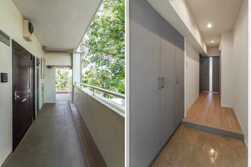 <b>左・</b>ご紹介するのは2階の住戸です。共用廊下からも美しく茂った緑が見えて、玄関前では小鳥のさえずりが聞こえて来ました。／<b>右・</b>ほんのり横幅に余裕のある玄関。まずは突き当たりにあるLDKから見ていきましょう。