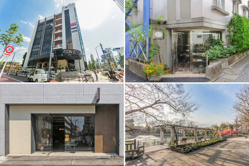 <b>左上・</b>マンションのお隣にある大型スーパー「イオンスタイル 碑文谷店」。（徒歩2分）／<b>右上・</b>週に数日しか開いてないパン屋さん「Petite Colette（プティコレット）」。穏やかなお母さんがほぼひとりで30年間切り盛りしてきたそう。（徒歩4分）／<b>左下・</b>「Lloyd’s Antiques Egoist（ロイズ アンティークス エゴイスト）」は、ヴィンテージからリプロダクションまで、幅広いラインナップが魅力のインテリアショップ。（徒歩6分）／<b>右下・</b>大きな池を緑が囲む「碑文谷公園」。ペットの散歩はもちろん、お子さまとの遊び場所にもぴったりです。（徒歩7分）