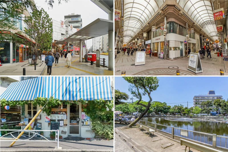<b>左上・</b>最寄り駅の東急目黒線「武蔵小山」。都営三田線や東京メトロ南北線と相互直通運転をしているので、「大手町」や「永田町」方面へのアクセスも良好です。駅直結のビルには「無印良品」などの店舗が入っているほか、駅周辺にも複数の商業施設がある便利な環境です。／<b>右上・</b>そして武蔵小山と言えばここ、「武蔵小山商店街パルム」。約250もの店が軒を連ねる、地元に愛されるアーケードに商店街です。（徒歩11分）／<b>左下・</b>「ザ・パーラー」はマイルドテイストのタイ料理を提供するアジアンカフェ。お子さまからお年寄りまで楽しめる味わいが魅力です。（徒歩7分）／<b>右下・</b>「清水池公園」もすぐ近く。遊具広場があり、併設の釣り堀ではちょっと珍しいヘラブナ釣りもできますよ。（徒歩6分）