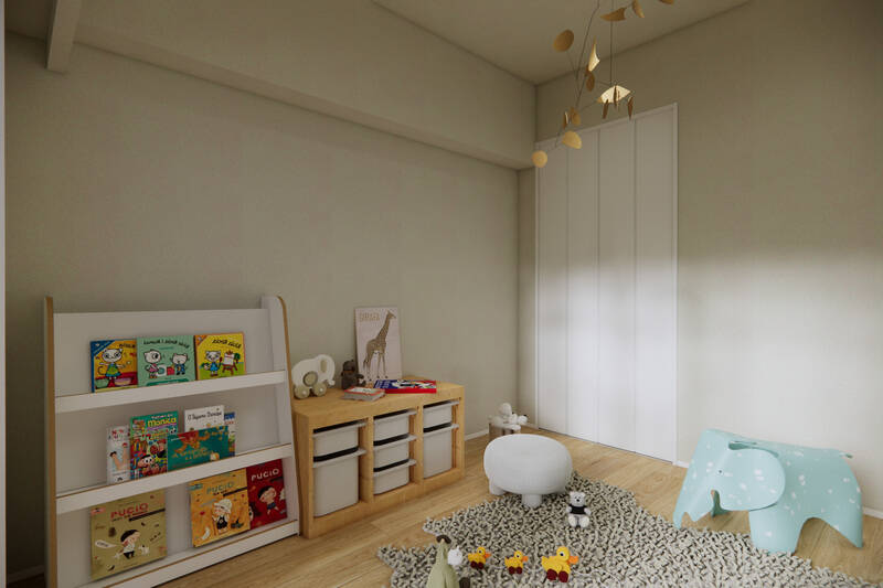 もうひとつの提案として、同じ洋室Aをお子さまのプレイスペースとして使う場合のイメージ。絵本の棚やおもちゃを並べて、のびのびと遊べる空間をデザインしてみました。