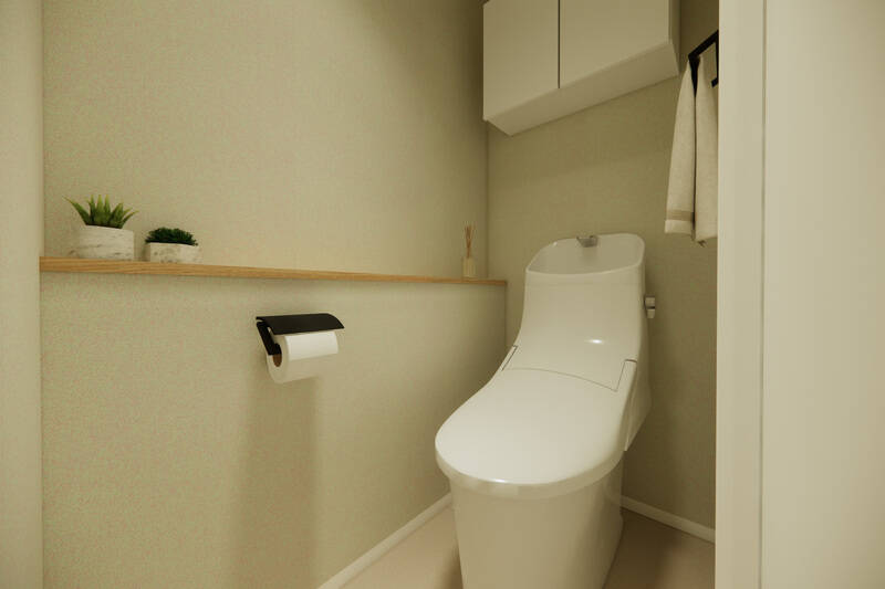 トイレは廊下からアクセスする間取り。吊り戸棚のほかにも、フレグランスアイテムなどを飾れるカウンター付きです。