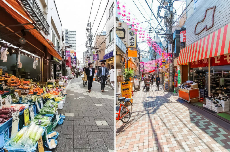 <b>左・</b>「笹塚」駅の北側に延びる「十号通り商店街」までは徒歩3分。／<b>右・</b>「幡ヶ谷」駅の北側に延びる「六号通り商店街」までは徒歩10分。ふたつの街を使いこなせる、楽しい予感がする立地です。