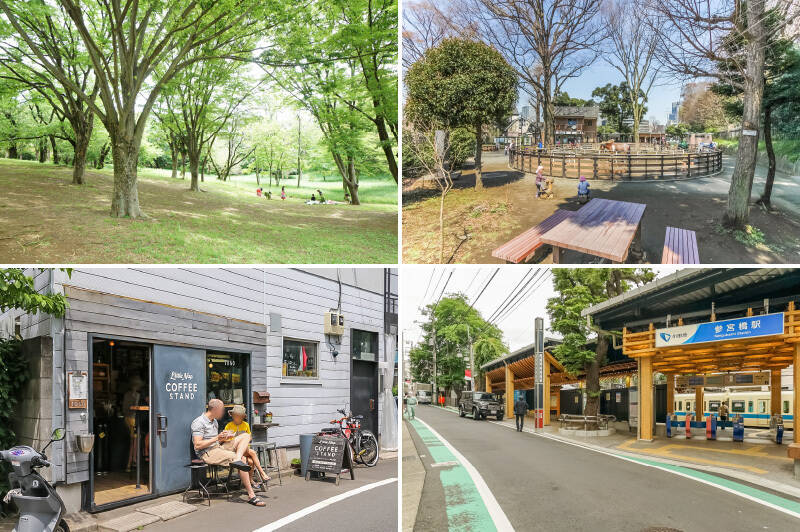 <b>左上・</b>「代々木公園」の参宮橋門まで徒歩12分。緑の中を散歩するだけで心が洗われるようです。園内には登録制のドッグランも。／<b>右上・</b>お子さまがいらっしゃる方であればぜひ訪れたい「代々木ポニー公園」。無料で乗馬体験ができますよ。（徒歩6分）／<b>左下・</b>公園近くには犬連れで気軽に立ち寄れるコーヒースタンドがたくさん。こちらは線路沿いにある「Little Nap COFFEE STAND」。（徒歩12分）／<b>右下・</b>小田急線の各駅停車駅「参宮橋」が最寄りです。