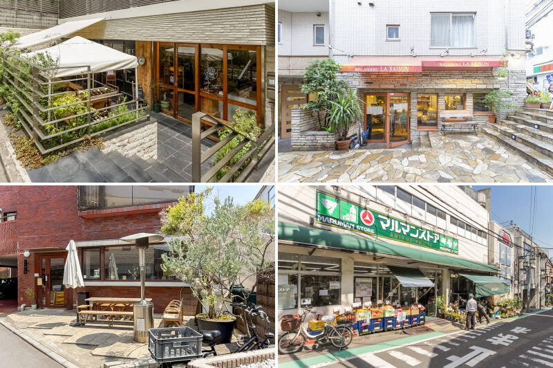 <p><b>左上・</b>三浦野菜をたっぷり使ったメニューが人気のカフェ「LIFE son（ライフ サン）」。天然酵母パンが自慢の「TARUI BAKERY」を併設しています。（徒歩2分）／<b>右上・</b>ベーカリー「Boulangerie LA SAISON（ブーランジュリー ラ・セゾン）本店」は朝6時半から営業。朝から焼きたてを購入して自宅で楽しめそうです。（徒歩3分）／<b>左下・</b>こだわりのジェラートと焼き菓子を提供する「FLOTO（フロート）」。マンションのお隣なので、つい自分へのご褒美に立ち寄ってしまいそうですね。（徒歩1分）／<b>右下・</b>駅前通りにある「マルマンストア 参宮橋店」が最寄りのスーパー。（徒歩3分）</p>
