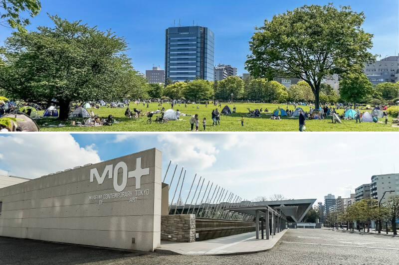 <b>上・</b>“東京イーストエリア” を代表するスポットのひとつ「木場公園」。東京ドーム約5個分という広大な敷地内には様々な広場にバーベキュー場、ドッグランなどコンテンツが豊富。週末になると野外ステージを囲んでイベントも開催されます。（徒歩1分）／<b>下・</b>公園の北側には「東京都現代美術館」。遠方からでも訪れたくなるような魅力的な展示が繰り広げられ、ここに住むなら年間パスポート（MOTパスポート）の購入が断然オススメ。1年を通じての鑑賞はもちろん、カフェ＆ラウンジ、レストラン、ショップの各種割引も受けられるなど特典が盛りだくさんです。（徒歩2分）