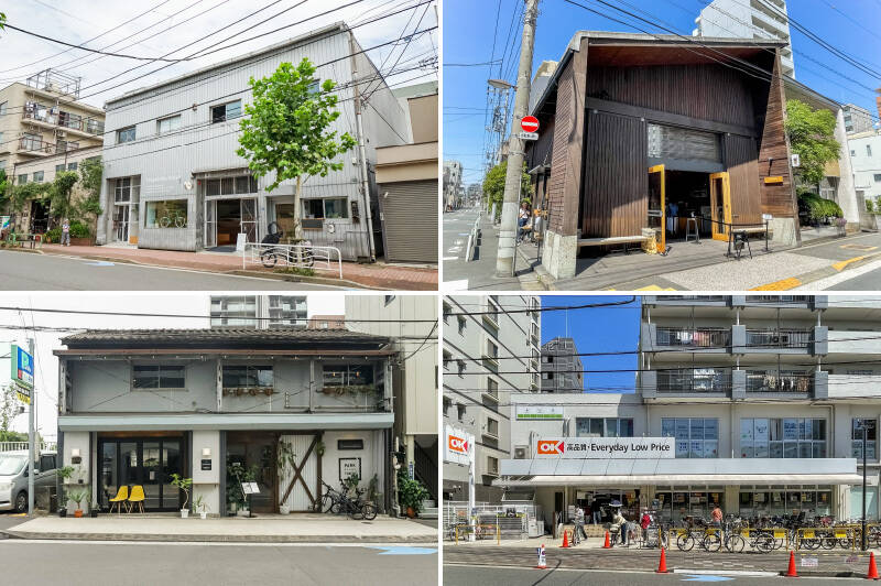 <b>左上・</b>まだ愛車を手に入れていない方はぜひ「TOKYOBIKE TOKYO」へ！ マンションの駐輪場は月額300円で利用可能です。（徒歩7分）／<b>右上・</b>カフェの選択肢は本当に豊富。マンションの裏には元木材店を改修した「Allpress Espresso Tokyo Roastery &amp; Cafe」がありますよ。（徒歩3分）／<b>左下・</b>こちらも元木材店を改修した「PARK STAND TOKYO 木場」。開放感のあるダイニングカフェです。……それにしても、さすが “木場” ですね。（徒歩4分）／<b>右下・</b>スーパーは徒歩6分の距離に「オーケー 平野店」がある他、同距離に「マルエツ 清澄白河店」もありますよ。