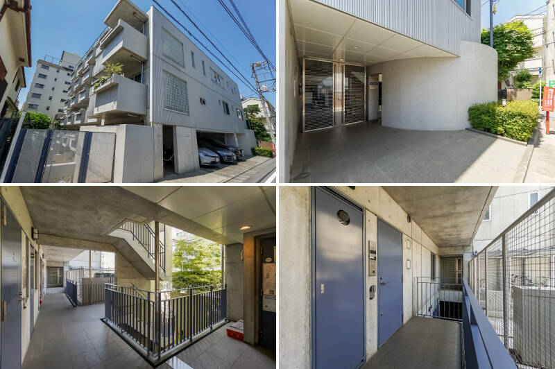 <b>左上・</b>ボコっと飛び出すバルコニーがかっこいい、コンクリート外観のマンション。／<b>右上・</b>オートロック付きのエントランスも近未来的でクールです。／<b>左下・</b>敷地内の植栽が涼しげな雰囲気。住戸は廊下の突き当たりにあります。／<b>右下・</b>くすみブルーのドアを開けてお邪魔しましょう！