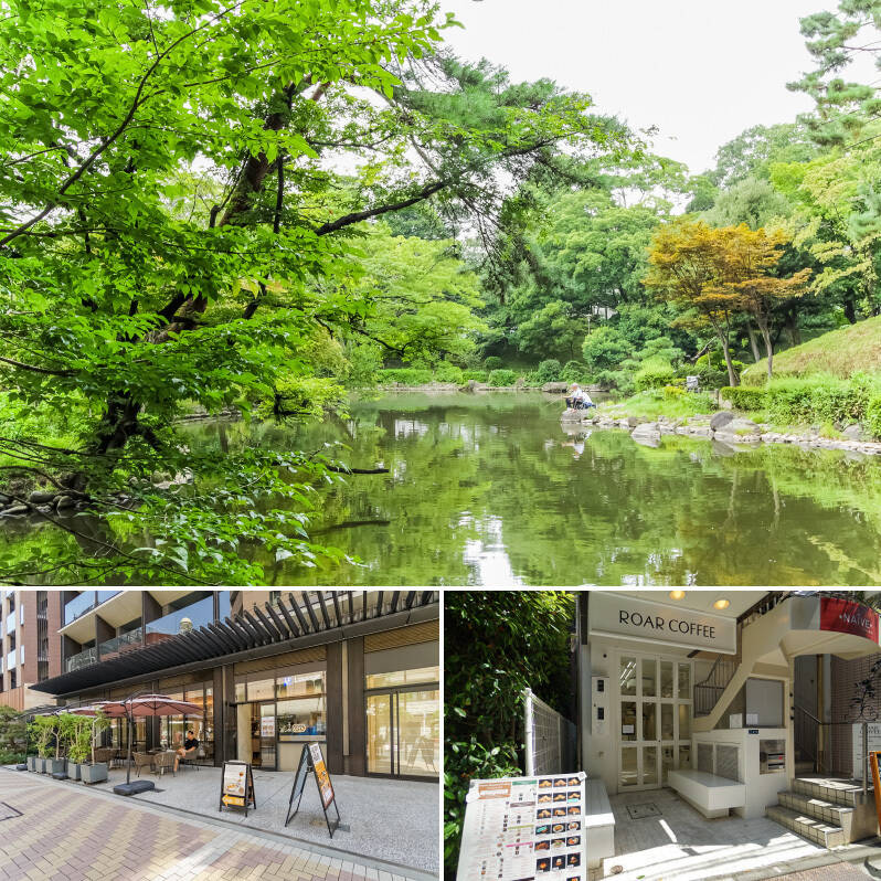 <b>上・</b>緑豊かな「有栖川宮記念公園」。木陰のある園内は、愛犬とのお散歩コースにぴったり！（徒歩15分）／<b>下・</b>マンションから徒歩9分の「IPC Lounge（アイピーシーラウンジ）」（左下）や、徒歩11分の「ROAR COFFEE（ロアーコーヒー）麻布十番店」（右下）はワンちゃんの店内同伴が可能！ 天候や季節を気にせず、一緒にカフェ時間を楽しめるのはうれしいですね♡
