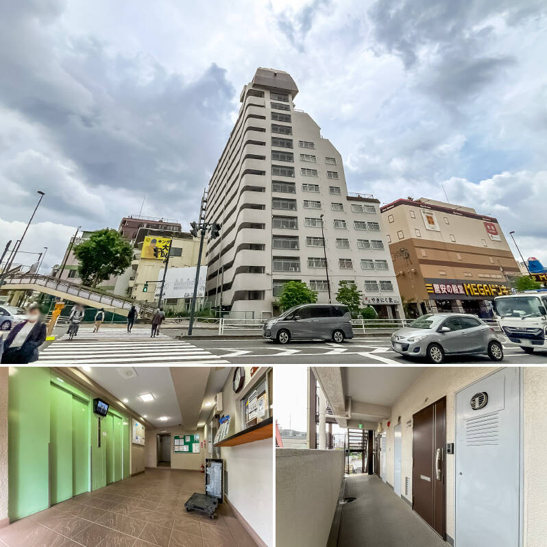<b>上・</b>都営三田線「志村三丁目」駅・「志村坂上」駅から徒歩8分の場所に位置する、1974年竣工のマンション。／<b>左下・</b>管理員さんによる清掃が週5日行われているので、共用部はきれいに保たれている印象です。／<b>右下・</b>今回ご紹介する住戸は8階に所在します。
