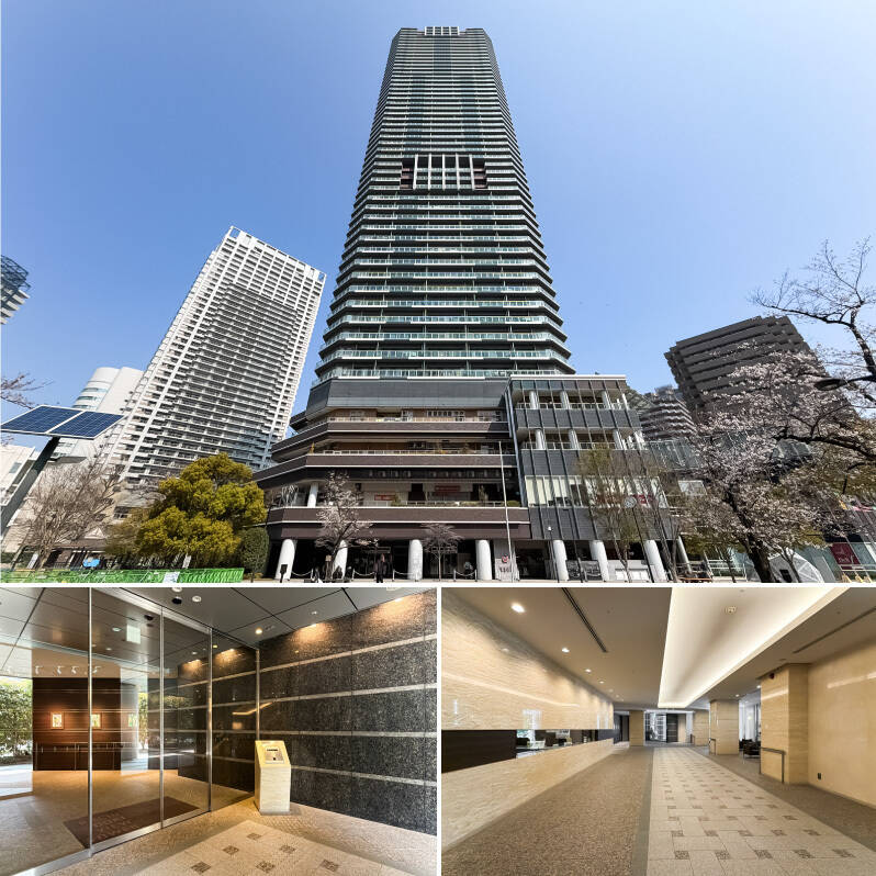 マンションは地下3階・地上53階建、総戸数712戸のタワーレジデンス。都営大江戸線「勝どき」駅に直結しており、雨に濡れずに帰宅できます。館内には飲食店やスーパー、コンビニ、ドラッグストア、クリニックなど、生活に必要なものがぎゅっと集まり、まるでひとつの街のようです。