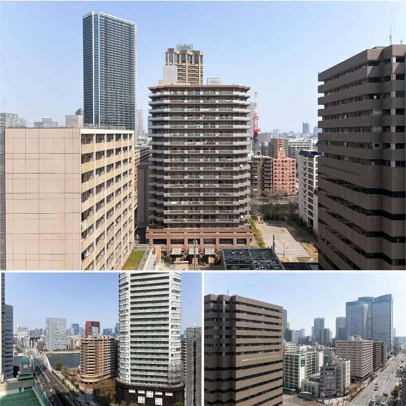 周囲には高い建物が建ち並びますが、ほどよく距離が保たれています。視線の先には「隅田川」や「勝鬨橋」を望み（左下）、春にはところどころに桜も見えるそう。都心らしい景色と空の広がりを同時に楽しめる、気持ちのいい眺望ですね。
