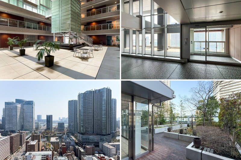 <b>左上・</b>19階のコミュニティ広場は、4層吹き抜けの大空間。マンション全体のスケール感を実感できます。／<b>右上・左下・</b>21階のスカイデッキは、無料でこの景色を楽しめる場所。来客時には、つい案内したくなってしまいそうです。／<b>右下・</b>5階の屋上デッキは、緑を感じる憩いのスペース。同フロアにはゲストルームや集会室なども備わっています。さらに38階には、超高層ならではの眺望を楽しめるパーティールームとゲストルームも。