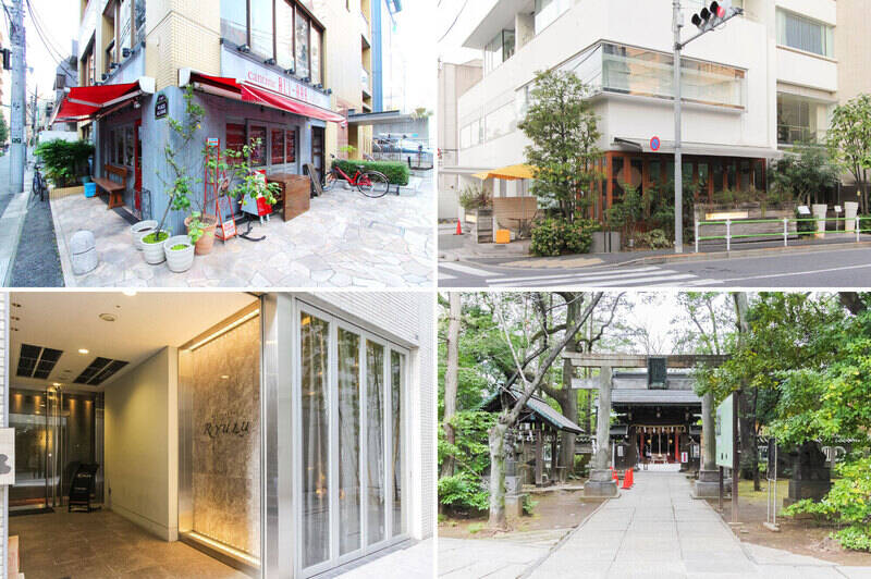 <b>左上・</b>珍しいフランスの田舎料理をいただける「Cantine ALI-BAB（カンティーヌアリバブ）」。温かい雰囲気でリラックスできそうなレストランです。（徒歩1分）／<b>右上・</b>「MERCER BRUNCH（マーサーブランチ）ROPPONGI」では、NYスタイルのブランチをいただくことができます。（徒歩10分）／<b>左下・</b>丁寧に仕立てられたフレンチを、上質な空間の中で楽しめる「Restaurant Ryuzu（リューズ）」。（徒歩10分）／<b>右下・</b>物件から徒歩5分の場所には、緑が生い茂る「赤坂氷川神社」が鎮座しています。良縁・縁結びにご利益があるそうです！