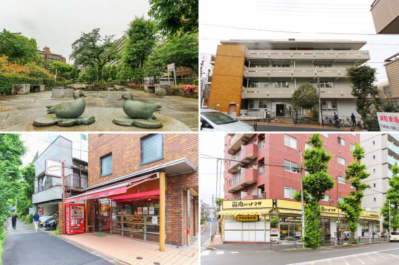 <p><b>左上・</b>「茗荷谷」駅前の春日通りから小石川植物園へと向かう、「播磨坂」の緑道。春には「文京さくらまつり」の会場として賑わいます。(徒歩4分)/<b>右上・</b>「小石川図書館」では、ご家族で楽しめる映画会やコンサートなども開催されています。(徒歩4分)/<b>左下・</b>並木道を望むテラス席が自慢のイタリアン「Pesce(ペッシェ)」。カジュアルな雰囲気で、お子さま連れにも人気です。(徒歩5分)/<b>右下・</b>最寄りのスーパーは千川通り沿いにある「肉のハナマサ 小石川店」。朝8時から夜20時まで営業する、心強い存在です。(徒歩5分)</p>