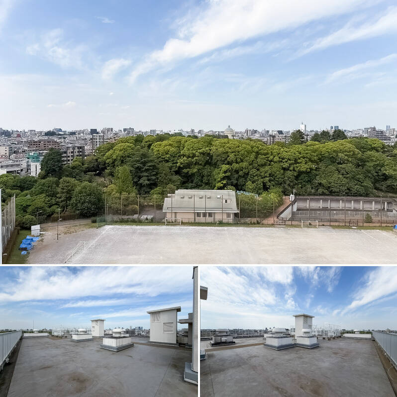 北側を眺めると「哲学堂公園」の緑が広がっており、広い空とグリーンビューの両方を楽しめます! 屋上スペースには共用の物干し場があり、家族分の布団を干したい時に重宝しそうです。