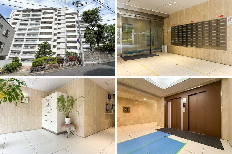 <b>左上・</b>「哲学堂通り」から脇道に入り、少し進むと見えてくるレトロマンション。1974年竣工、総戸数は82戸です。/<b>右上・</b>築年数を思わせないほど、きれいに整備されたエントランス。/<b>左下・</b>宅配ボックスも完備。/<b>右下・</b>エレベーターは2基設置されています。通勤時間帯なども混雑が少なく、スムーズに利用でき安心ですね!
