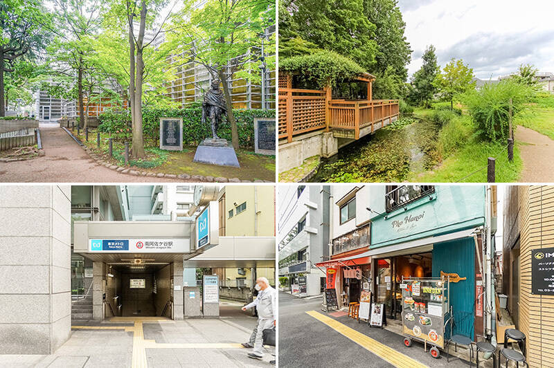 <b>左上・</b>物件の近くにはカフェを併設した「杉並区立中央図書館」があります。読書が身近になりそう!(徒歩4分)/<b>右上・</b>図書館に隣接するのは、木陰が心地よい「読書の森公園」。その名の通り、図書館で借りた本を楽しむ人の姿が見受けられました。(徒歩4分)/<b>左下・</b>丸ノ内線「南阿佐ヶ谷」駅までは徒歩で約9分。すぐそばには「杉並区役所」があります。徒歩圏内に区役所があるってなにかと便利。/<b>右下・</b>本格的なベトナム料理がいただける「Pho Hanoi(フォー ハノイ)」は地元の人で賑わう人気店。甘ーいベトナムコーヒーで脳を甘やかしましょう♡(徒歩8分)
