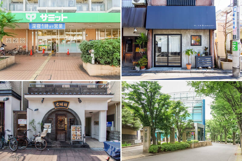 <p><b>左上・</b>スーパー「サミット 芦花公園駅前店」は、深夜1時まで営業する強い味方。（徒歩6分）／右上・かき氷とマフィンが看板メニューのカフェ「nice&amp;warm（ナイス アンド ウォーム）」は、売主さまおすすめの一軒。日替わりカレーも人気です。（徒歩14分）／<b>左下・</b>本格的な味わいを楽しめる中華料理店「広味坊（こうみぼう）千歳烏山本店」。ご家族でのディナーにぜひ。（徒歩10分）／<b>右下・</b>マンションのすぐお隣にある「世田谷文学館」。絵本と児童文学を中心としたライブラリー「ほんとわ」には、授乳室を備えたベビー＆キッズエリアがあり、親子でゆったりと本との出会いを楽しめます。売主さまもお子さま連れでよく通われていたそう！（徒歩1分）</p>