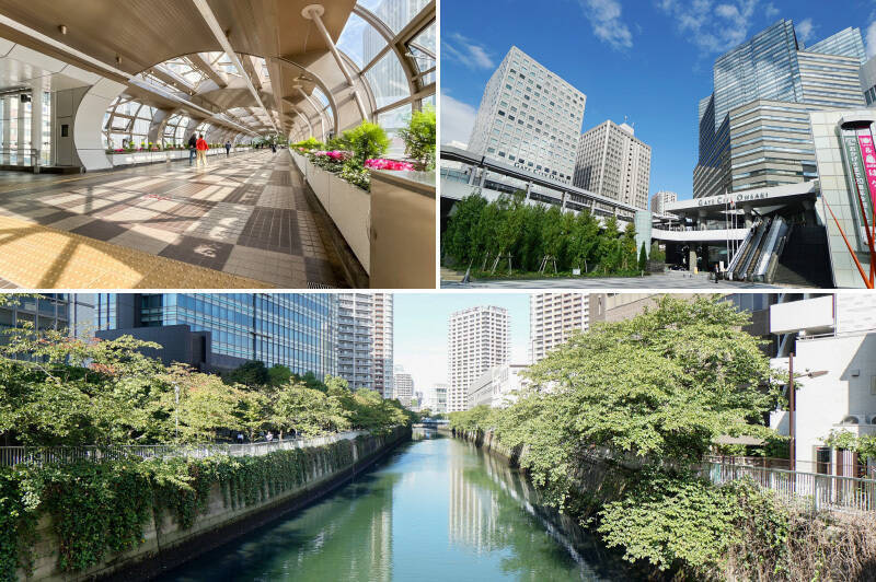 <b>左上・</b>最寄り駅は、JR山手線をはじめとした4路線が通る「大崎」（徒歩7分）。「渋谷」までは乗車時間約6分、「新宿」までは約11分です。／<b>右上・</b>複合商業施設「ゲートシティ大崎」にはさまざまなジャンルのレストランが入っています。外食派の方にはうれしい環境です。（徒歩4分）／<b>下・</b>ご紹介する物件は「目黒川」から徒歩3分の場所にあり、気分転換に川沿いを歩くだけでリフレッシュできます。