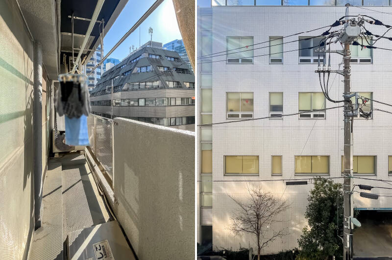 上部に物干し金具が備わったバルコニー。正面には建物が見えますが、距離が取れており視線はそこまで気にならない印象です。