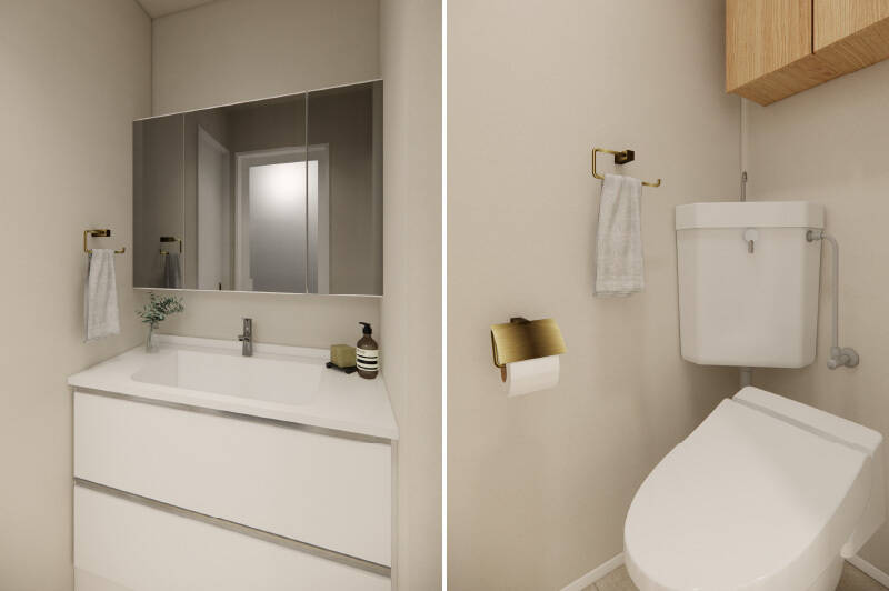 <b>左・</b>シンプルな洗面化粧台。／<b>右・</b>トイレは洗面室からアクセスする間取りです。金具は真鍮で揃え、洗練されたデザインに仕上げています。