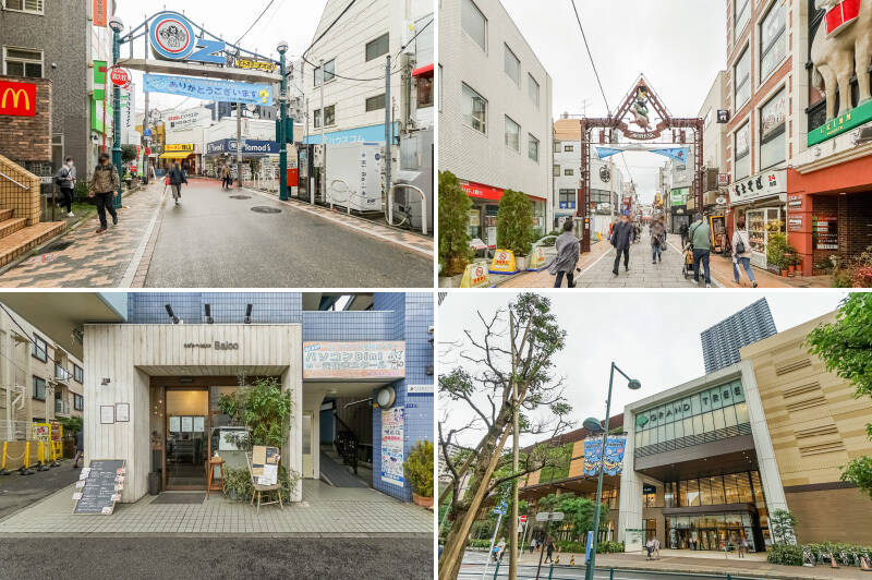 <b>左上・</b>マンションから徒歩3分の場所に位置する「モトスミ・オズ通り商店街」。“ひとりでも家族でも遊べる” をコンセプトに掲げる商店街には、飲食店やクリニック、生活用品店など幅広いジャンルの店舗が揃っています。／<b>右上・</b>そこからつながる「モトスミ・ブレーメン通り商店街」は、約180店舗が加盟する商店街。季節ごとのイベントも開催され、街全体に活気が広がります。（徒歩7分）／<b>左下・</b>お祝い事にはパティスリー「cafe+cake Baloo（カフェプラスケーキ バルー）」のケーキや焼き菓子はいかがでしょうか？ 手土産にも重宝しそう！（徒歩6分）／<b>右下・</b>大型商業施設の「グランツリー武蔵小杉」。ファッションや雑貨、レストランに加え、屋上庭園も備わっており、休日のお出かけ先としても活躍してくれそうですね◎（徒歩15分）