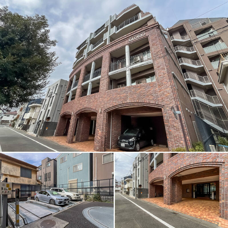 <b>上・</b>世田谷通りや環七など、交通量の多い道路から距離を置いた「蛇崩川緑道」沿いに立地しています。まだ若々しいお顔立ちにうっとりしますね。／<b>左下・</b>敷地内には機械式駐車場があり、2026年5月時点で空きあり。料金やサイズは区画により異なるため、利用希望の方は詳細をお問い合わせください。／<b>右下・</b>レンガタイルとアーチで飾られたエントランス。