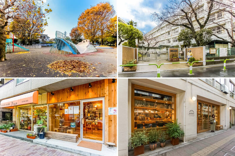 <b>左上・</b>遊具が充実した「世田谷丸山公園」。（徒歩4分）マンション周辺には小さな公園が点在しています。／<b>右上・</b>2026年5月現在学区指定されている「三軒茶屋小学校」まで徒歩3分。この近さは大きな安心材料！／<b>左下・</b>世田谷通り沿いに2店並んでいる「Obscura Mart」と「アーモンド洋菓子店」。美味しいコーヒーとケーキの調達がいっぺんに叶いますよ！（徒歩6分）／<b>右下・</b>代々木八幡の大人気ベーカリー「365日」と姉妹店の「JUNIBUN BAKERY（ジュウニブンベーカリー）三軒茶屋本店」。パンのほかお菓子やお花も扱うライフスタイルショップです。（徒歩11分）