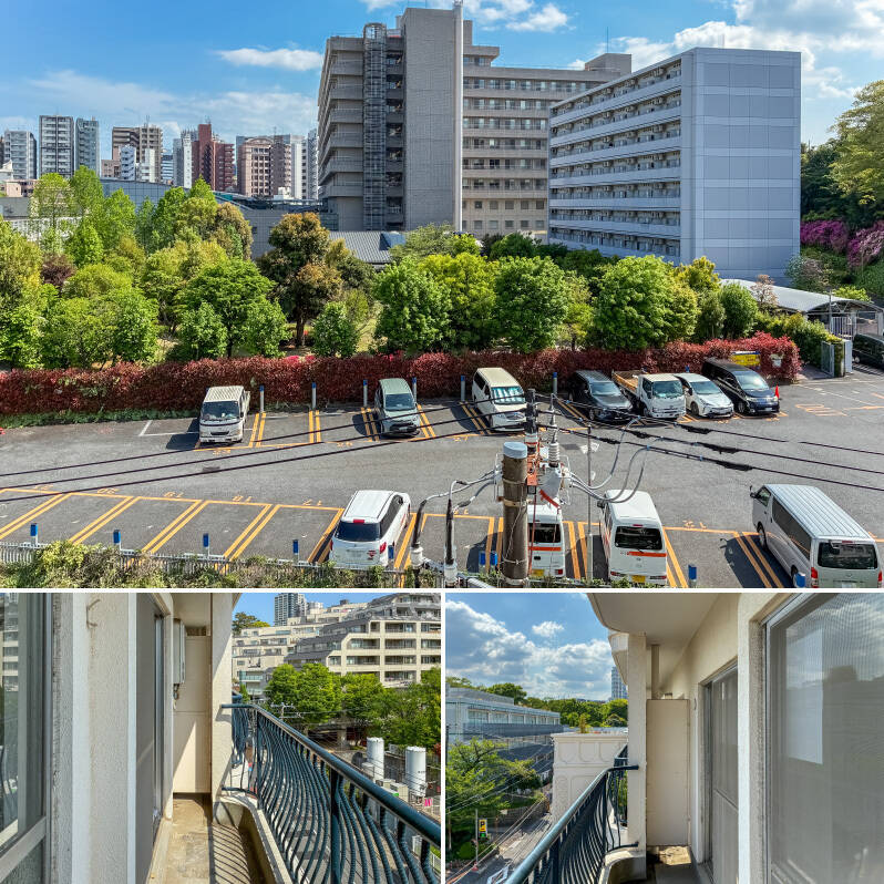 目の前には「NTT関東病院」の建物、その手前には同敷地の駐車場が広がっています。向かいの建物とは距離が取られており、空の広がりも感じられる眺望です。