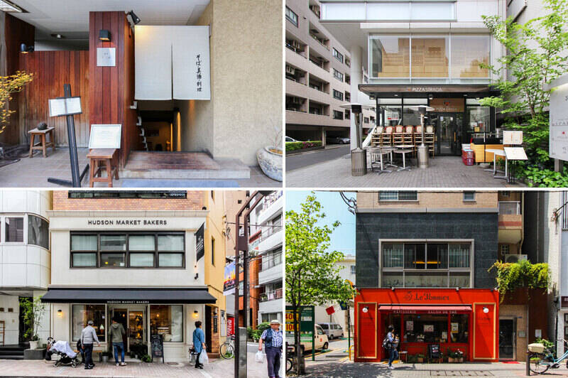 <b>左上・</b>「麻布 川上庵」は “蕎麦屋で一杯” という昔ながらのスタイルを、今どきの大人の嗜みとして楽しめそうなお店です。（徒歩3分）／<b>右上・</b>開放的なテラス席でワイワイとピザを食べるのがオススメな「PIZZA STRADA （ピッツァ ストラーダ）」。テイクアウト可能なので、お家でゆっくりいただくのもいいですね！（徒歩1分）／<b>左下・</b>「HUDSON MARKET BAKERS（ハドソンマーケットベイカーズ）」はニューヨークの味を再現したスイーツ店。ザクザクの大判クッキーやアップルパイ、さらに美味しいコーヒーなどをイートインでも楽しめます。（徒歩5分）／<b>右下・</b>ケーキ屋さん「Patisserie Le Pommier（パティスリー ル・ポミエ） 麻布十番店」。焼き菓子やチョコレートなど、甘いもの好きには打ってつけのお店になりそう。（徒歩1分）