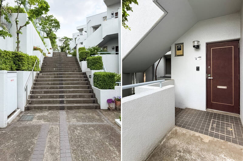 <b>左・</b>建築物の間を、空に向かって延びていく長い階段が絵になりますね！ ちなみにこのマンション（9階建て）にはエレベーターが無いのですが、ご紹介するのは1階に所在している住戸ですのでご安心を。／<b>右・</b>各住戸の玄関前にはアルコーブのようなスペースが設けられており、プライベート感の高い造りです。