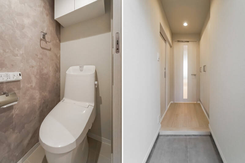 <b>左・</b>トイレは洗面室の奥に位置します。手洗いしやすいのでGOOD、とも言えるかも。／<b>右・</b>最後に玄関からパシャリ。左が水まわりで、正面がLDKです。靴収納が土間の奥にあるおかげで、スッキリと圧迫感のない印象になっています。